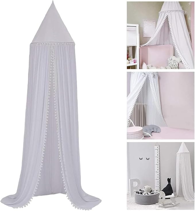 Bed Canopy, Hanging Round Dome Mosquito Net Curtains Tent Canopies Over Cute Princess Style Decoration Crib Ceiling Castle For Girls Baby Kids Boys Child Nursery Bedroom Reading (White)