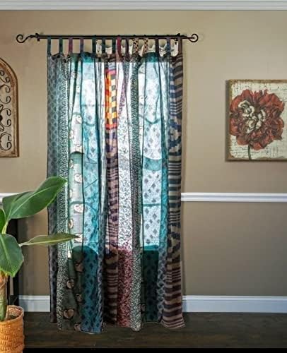 YILLE Boho Silk Sari Curtain Panel,1 Piece Vintage Handmade Lightweight Recycled Indian Silk Saree Window Drapes for Bohemian Living Room, Aesthetic Home Décor Wall Hanging - Blue, 84 X 43 in
