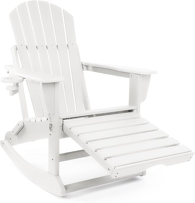 FUNBERRY Adirondack Rocking Chair, Multifunctional 4-in-1 Porch Rocker with Retractable Ottoman & Cup Holder HDPE All Weather