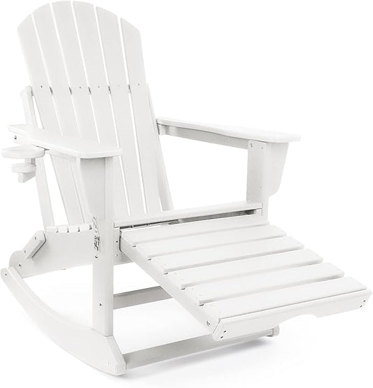FUNBERRY Adirondack Rocking Chair, Multifunctional 4-in-1 Porch Rocker with Retractable Ottoman & Cup Holder HDPE All Weather