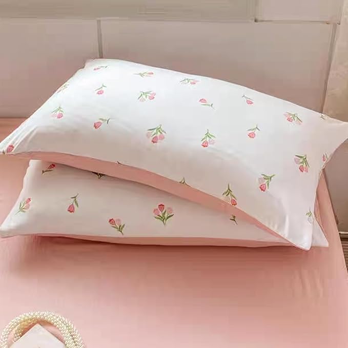 Floral Duvet Cover Queen 3Pcs Girls Cute Pink Tulips Duvet Cover Set Modern Aesthetic Bedding Set Ultra Soft Breathable Garden Flower Bedding with 2 Pillowcases(No Comforter)