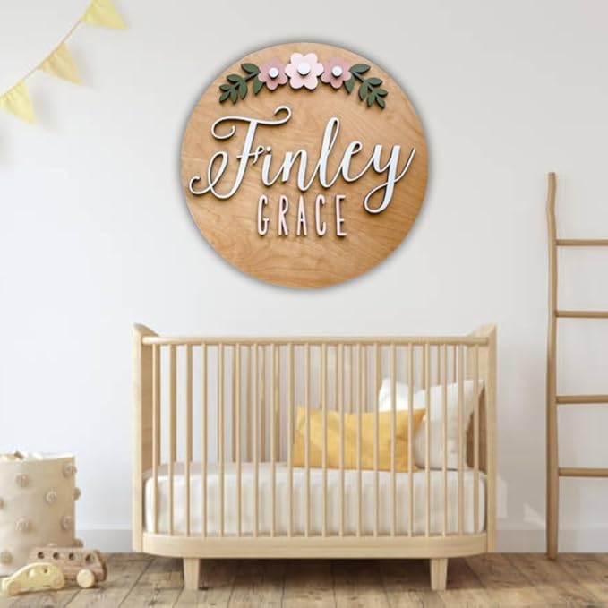 Personalized Wooden Name Sign - Custom Baby Name Signs for Nursery & Kids Room Decor - Baby Announcement Sign - Name Wall Art - Wooden Letters for Wall - Custom Round Nursery Name Sign (Design 8)