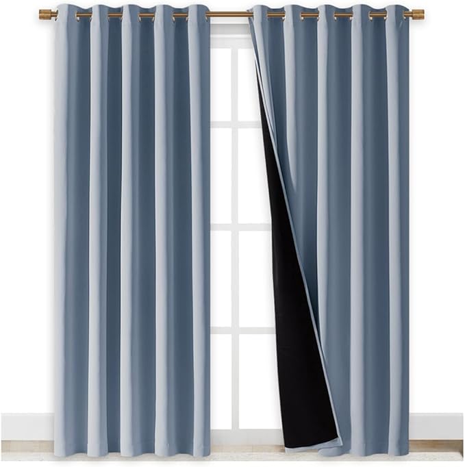 NICETOWN 100% Blackout Window Curtain Panels, Vintage Blue, 2 PCs, 62" Wide Each Panel, Cold and Full Light Blocking Drapes with Black Liner for Nursery, 84 inches Drop Thermal Insulated Draperies