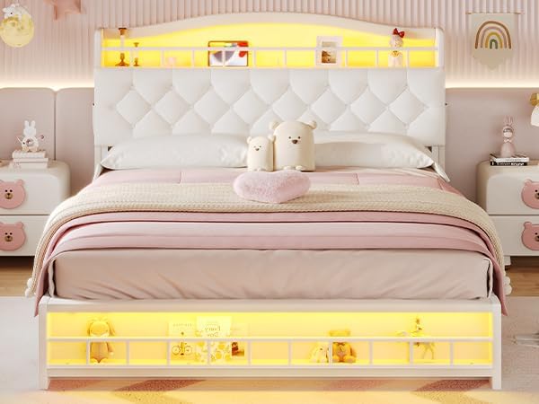 BTHFST Full Size Upholstered Girl Bed with LED Lights & Charging Station, Princess Platform Bed with Hidden Storage Headboard, No Box Spring Needed/Easy Assembly, Beige