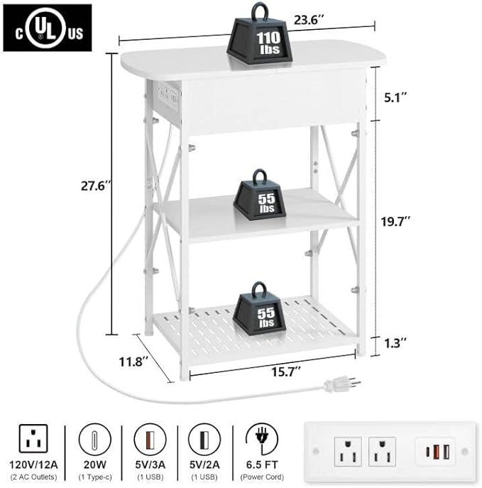 Livofloral Narrow Side Table with Charging Station, End Table with 3 USB Ports and 2 AC Outlets, Flip Top End Table with Storage, White Side Tables Living Room, Nightstand with Drawer for Bedroom