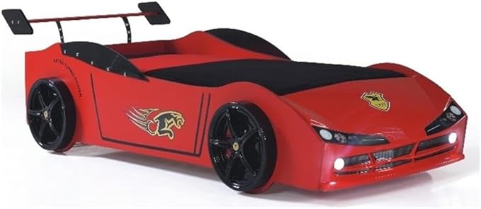 Pemberly Row Modern Woody Twin Race Car Bed with LED Headlights in Red