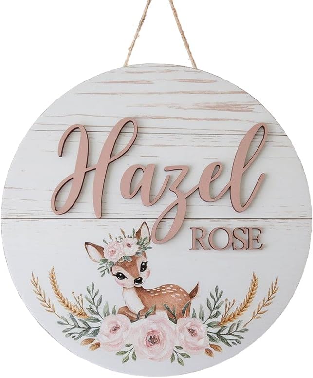 Personalized Baby Name Signs for Nursery, Floral Deer Sign for Baby Door Decor, Newborn Gifts for Girl, Girls Nursery Wall Bedroom Decorations, Mother's Day Gifts for New Mom Dad Gift