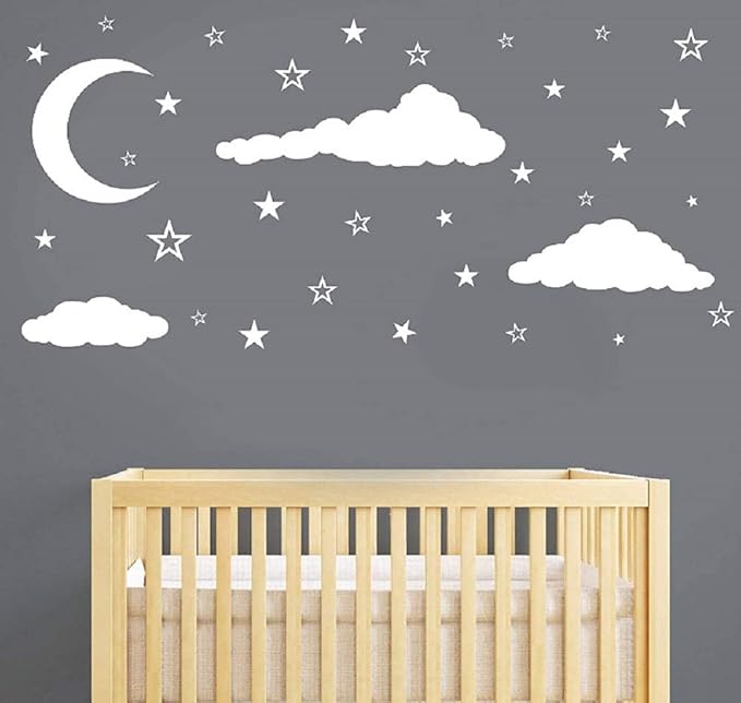 Removable Creative 3D Vinyl White Clouds Moon and Stars Wall Decals DIY Home Wall Art Decor Wall Stickers for Kids Baby Children Boy and Girls Rooms Bedroom Living Room Playroom Decoration (White)