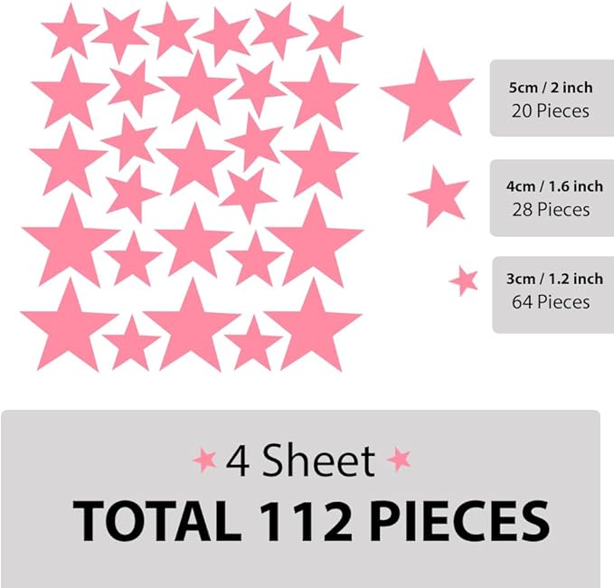 Wall Decals Baby Pink Stars for Kids Room, 3-4-5centimeter Mix 112 Pcs, Easy to Peel Easy to Stick, Safe On Walls and Paint, Vinyl Decor by Bugybagy. (Matte Baby Pink)