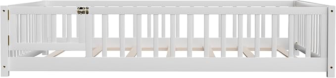 i-POOK Queen Floor Bed for Children, Sturdy Wood Montessori Bed Frame with Wood Slats, Fence & Door, Montessori Floor Bed for Girls and Boys, White