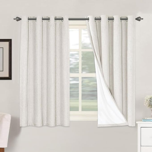 H.VERSAILTEX Primitive Linen Curtains 100% Blackout Curtain Drapes Burlap Fabric Curtains with White Thermal Insulated Liner, Grommet Top Drapes Living Room/Bedroom (2 Panels, 52 x 54 Inch, Ivory)