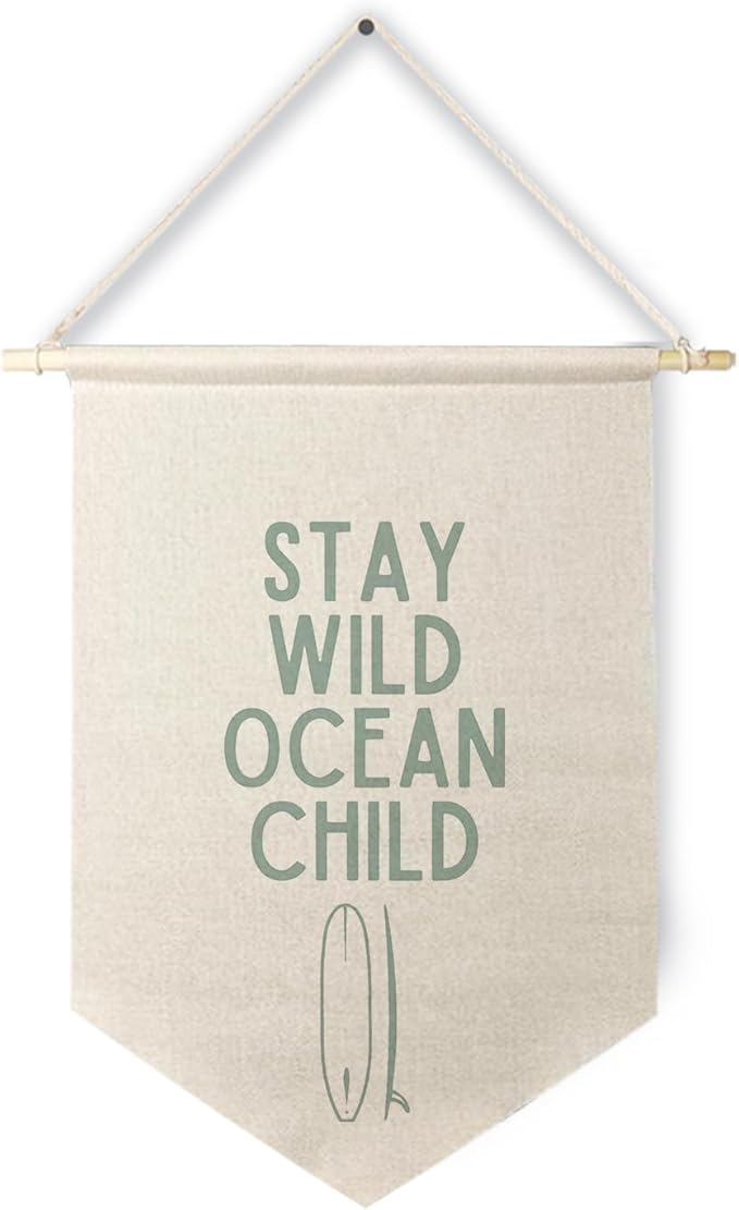 Qpenm Ocean Nursery Decor, Stay Wild Ocean Child Wall Hanging Canvas Banner, Coastal Nautical Surfing Hanging Pennant Flag Posters Prints for Kids Room Nursery Classroom Playroom Decor