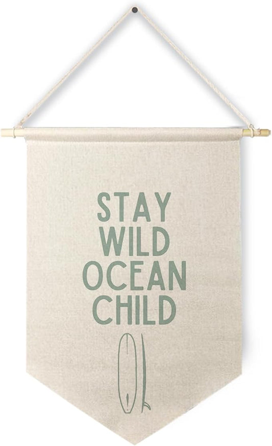 Qpenm Ocean Nursery Decor, Stay Wild Ocean Child Wall Hanging Canvas Banner, Coastal Nautical Surfing Hanging Pennant Flag Posters Prints for Kids Room Nursery Classroom Playroom Decor