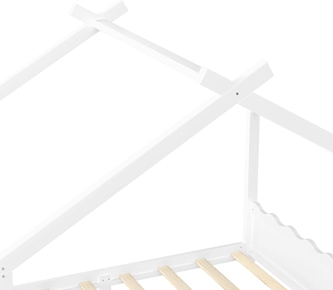 Queen Size Wooden House Floor Bed - Kids Bed Frame with Roof & Support Slats for Bedroom, No Box Spring Needed, Easy Assembly (White)