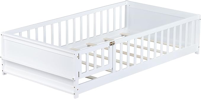 Twin Size Kids Montessori Floor Bed with Door,Twin Floor Bed Frame with Slats and Bookcase,Solid Wood Montessori Bed for Girls Boys,White
