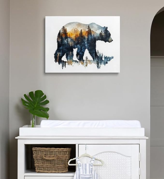 Woodland Bear Silhouette Canvas Wall Art - Framed Nature Painting Print, Mountain Forest Wildlife Wall Decor Artwork and Posters for Cabin, Living Room, Bedroom, Office (16x24 Inches)