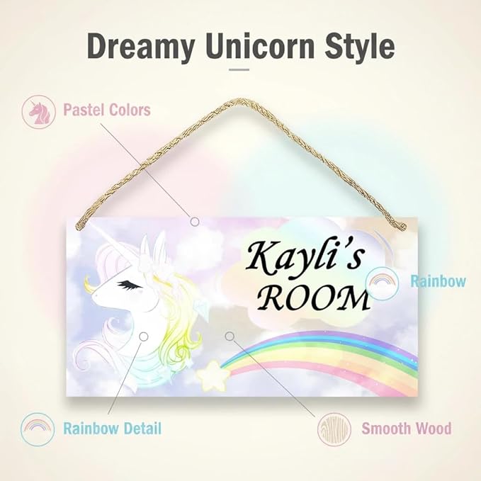 Personalized Name's Pretty Iridescent unicorn with rainbow Nursery Kid's Children's Girls Bedroom Door Sign Wood Plaque Sign Wall Decor Gift