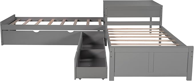 Harper & Bright Designs L-Shaped Platform Bed Frame with Trundle and Drawers Linked with Built-in Desk for Kids Boys Girls, Twin, Gray