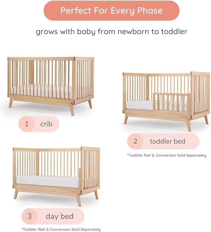 dadada Baby Soho 3 in 1 Convertible Wooden Crib to Toddler Bed - Made in Italy, GREENGUARD Gold Certified, Baby-Safe Finish, Sustainable Beech Wood, Modern Design, 3 Adjustable Heights (Natural)
