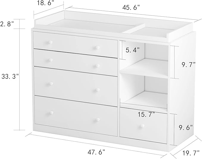 AIEGLE Nursery Baby Dresser, White Bedroom Dresser with 5 Drawers & Storage Shelves, Wood Chest of Drawers Nursery Storage Kids Organizer (47.6" W x 19.7" D x 36.1" H)