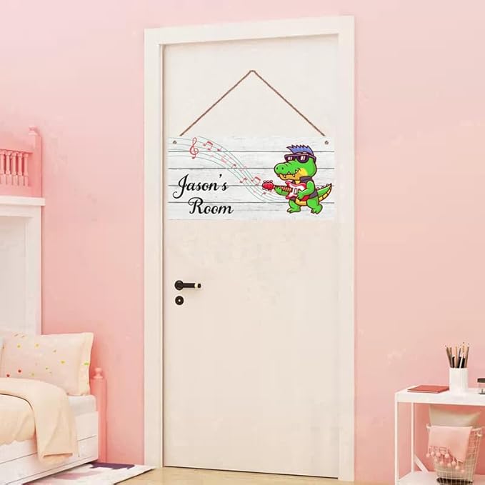 Personalized Signs Cute Dinosaur Playing Guitar Sign For Kids Room Custom Name Door Wall Decor For Girls Room Floral Nursery Art Plate For Boys Bedroom Little Man Cave