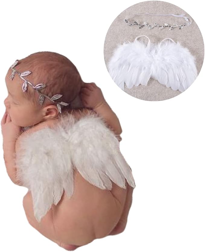 Nishine 2 PACK White Newborn Fuzzy Feather Angel Wings + Headband Set for Baby Cosplay Girls Costume Photography