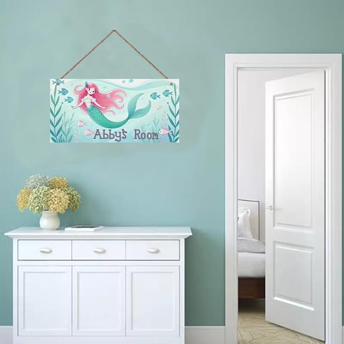 Personalized Sign Mermaid Decor For Girls Room and Baby Nursery Kids Bedroom Custom Name Wood Plaque Hanging Plate Ocean theme Wall Art Decor