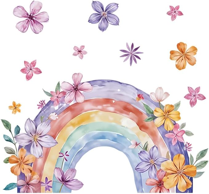 Rainbow Wall Decals & Flower Wall Decals – 2 Sheets Large Wall Stickers for Living Room, Bedroom, Nursery, Kids Playroom – Easy Peel & Stick, Waterproof, Removable Rainbow Christmas Decor