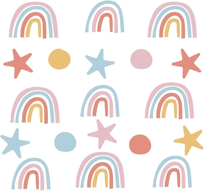 Rainbow, Stars & Dots Wall Decals for Kids Room – 160 PCS Pastel Boho Peel & Stick Waterproof Vinyl Wall Decor Stickers, 10 Sheets Removable Nursery, Bedroom & Playroom Decor(Style A)