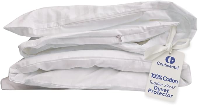 Continental Bedding Toddler Duvet Protector 100% Cotton 300TC Damask Stripe with Zipper Closure and Inner Ties, Fits Crib & Toddler Bed Comforters, 39x47 inch