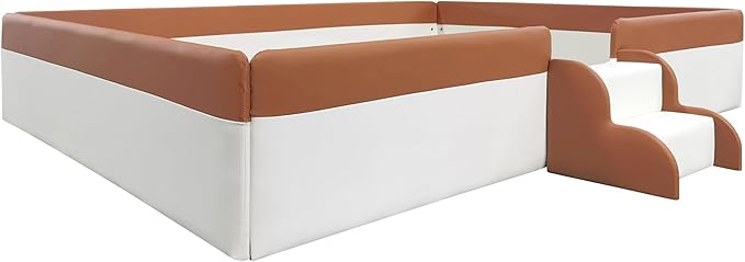 Full Size Upholstered Daybed Frame with Fence and Stairs, Montessori Kids Floor Bed with Sturdy Slat Support for Kids Boys Girls (Brown+Full)