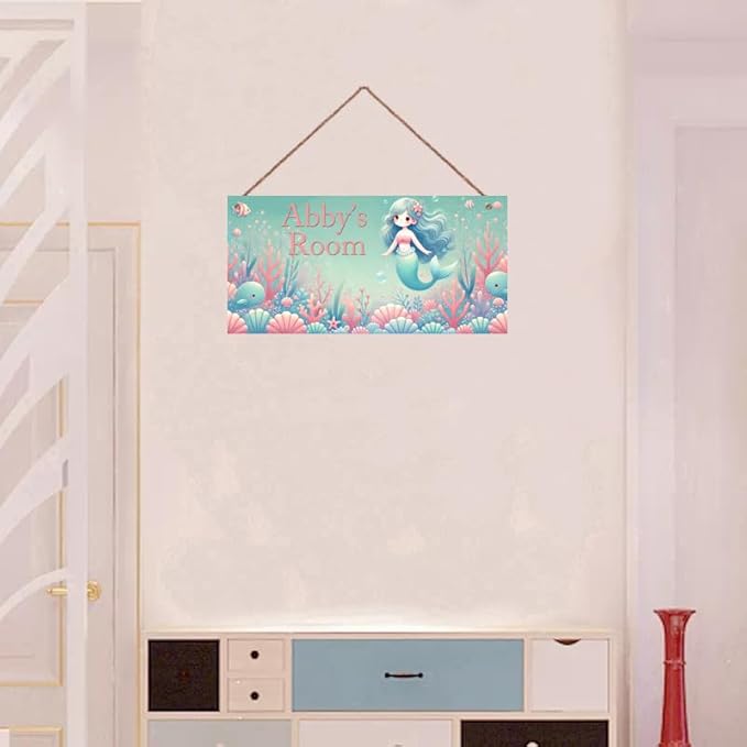 Personalized Vintage Mermaid Art Décor For Kids Room Custom Name Door Wall Decor, Ocean Floral Nursery Art Plate For Girls Bedroom Home Club Cabin Garage Bar