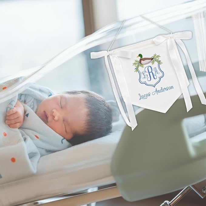 Embroidered Baby Name Sign with Bows Personalized Baby Announcement Sign Newborn Baby Banner Baby Hospital Name Sign Canvas Hanging Pennant Flag Custom Infant Baby Name Baby Shower Banner (10)