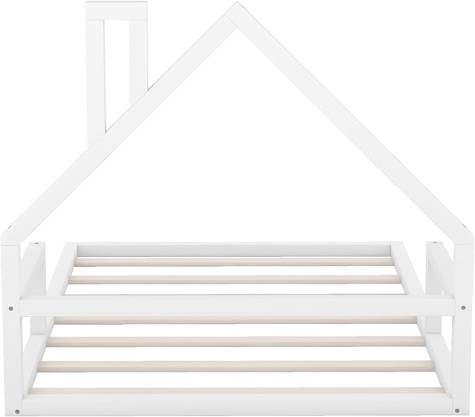 Full Size Wood Floor Bed with House-shaped Headboard and a Chimney,Bedroom Simple Modern Bed Frame W/ Playful Design & No Box Spring Required,for Kids Teens Girls Boys,White
