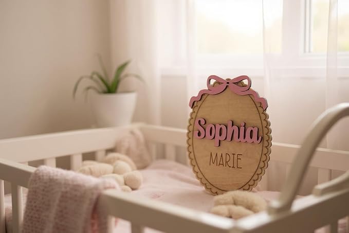 Personalized Baby Announcement Sign with Bow, Custom 3D Layered Scalloped Edge Name & Birth Stat Board for Newborn Photos (Name Sign)