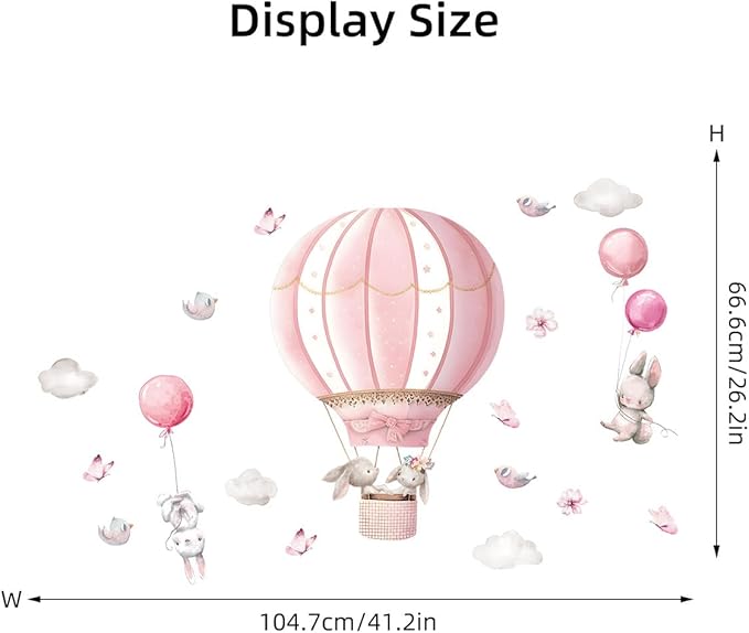 Pink Hot Air Balloon Rabbit Wall Stickers Animal Dream Peel and Stick Wall Decals for Kids' Rooms Nursery Classroom