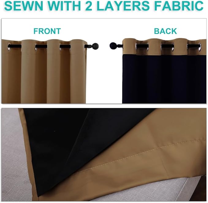 NICETOWN Full Shading Curtains for Windows, Gold Brown, Pack of 2, 70 inches W x 95 inches L, Super Heavy-Duty Black Lined Blackout Curtains for Bedroom, Privacy Assured Window Treatment