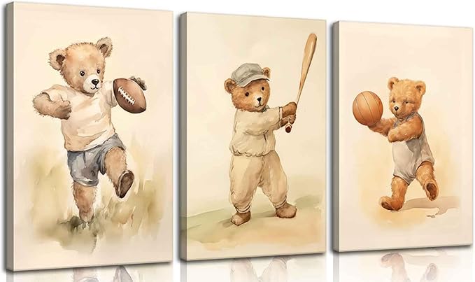 3Pcs Teddy Bear Sports Nursery Animal Canvas Wall Art Cute Woodland Baby Bear Rugby Wall Decor Pictures Football Basketball Baseball Kids Room Posters Prints for living Children Bedroom Decoration