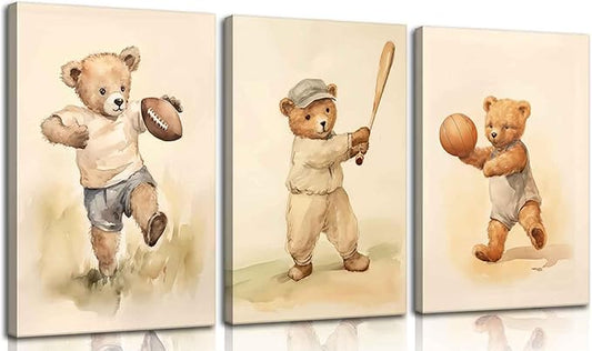 3Pcs Teddy Bear Sports Nursery Animal Canvas Wall Art Cute Woodland Baby Bear Rugby Wall Decor Pictures Football Basketball Baseball Kids Room Posters Prints for living Children Bedroom Decoration