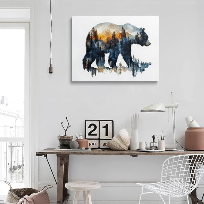 Bear Silhouette with Mountain Landscape Canvas Wall Art - Framed Nature Inspired Painting, Wildlife Forest Scene Wall Decor Artwork for Living Room, Cabin, Bedroom, Office (12x16 Inches)