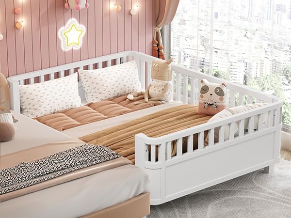 Ball & Cast Twin Size Toddler Bed W/LED Light,Metal Bed W/Linen Fabric Upholstered Storage Headboard,Platform Bed Frame W/Safety Guardrails & Low Profile Design,for Boys Girls,Black