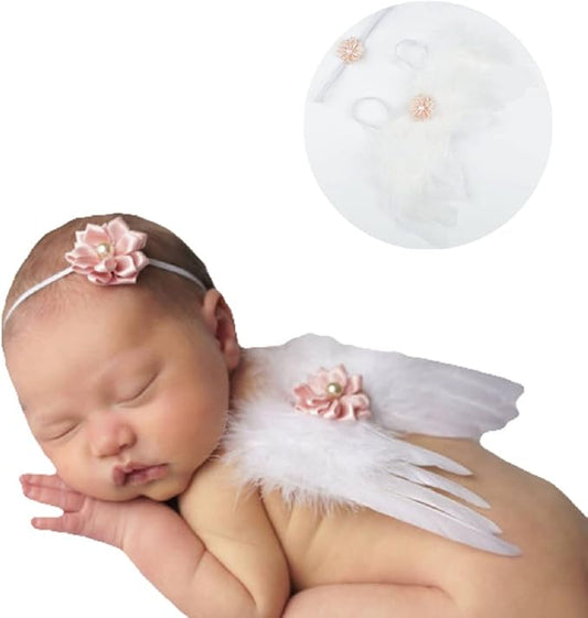 Nishine 2 PACK White Newborn Fuzzy Feather Angel Wings + Headband Set for Baby Cosplay Girls Costume Photography