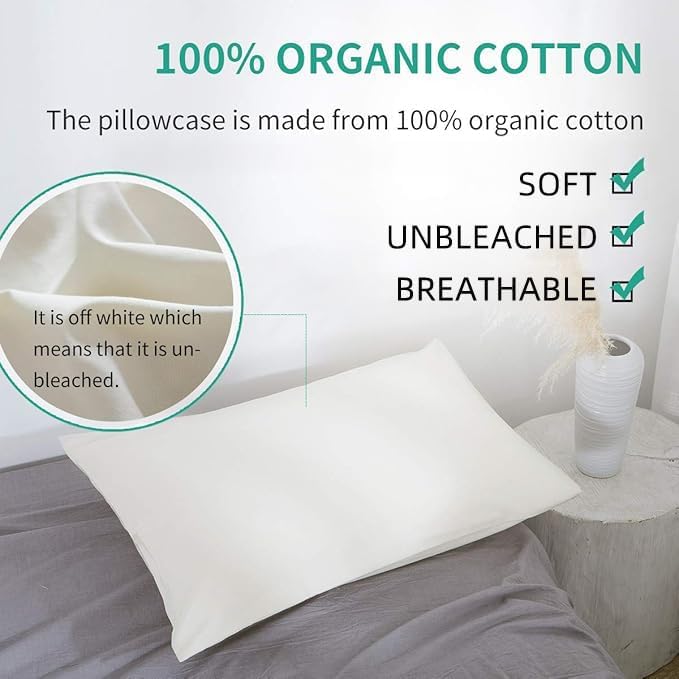 Lofe Organic Cotton Pillow Case - One Pack 16"x 22" Kids Pillow Cover - 300 TC Thread Count - Soft, Safe and Hypoallergenic - Off White