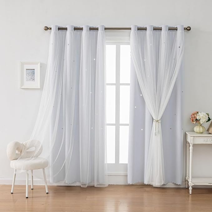 Ombre Rainbow Blackout Curtains for Kid Girls Bedroom Living Room Darking Stripe Double Layer Star Cut Out Wall Home Decor Gradient Grommet Window Curtains (Greywish White 95)