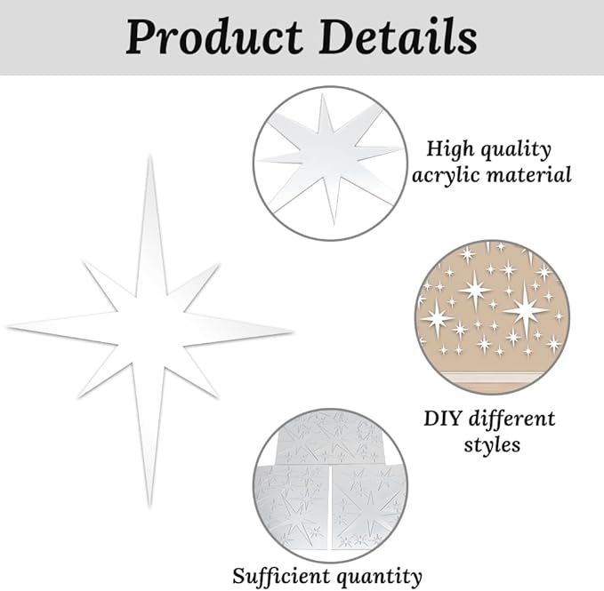71 Pcs Silver Star Stickers, 3D Acrylic DIY Star Mirror Wall Stickers Decor, Removable Decals Art Self-Adhesive for Home Nursery Classroom Bedroom Interior Wallpaper Background Art Decor