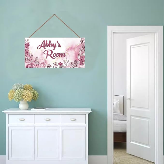 Personalized Pink Flower Floral Kids Room Door Sign Custom Name Boys Girls Bedroom Decor Wall Art Toddler Baby Nursery Wood Plaque