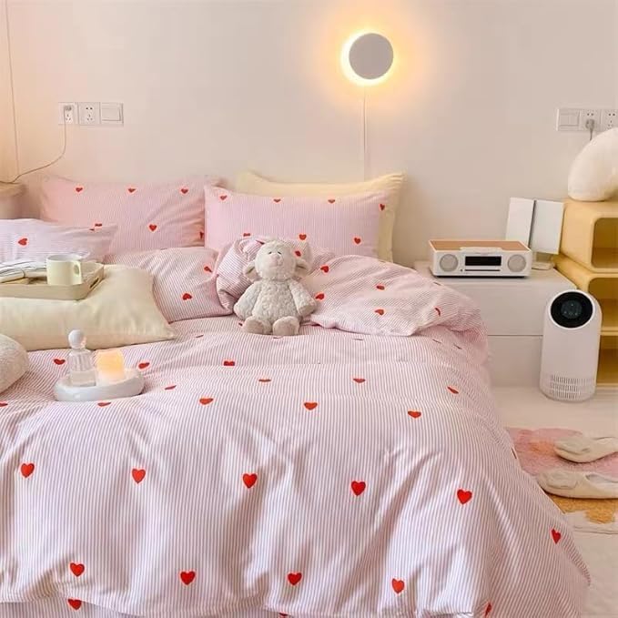 Pink Striped Duvet Cover King Size Red Heart Duvet Cover Set 3 Pieces Kids Girls Cute Love Pattern Reversible Soft Microfiber Bedding Set with Zipper Closure