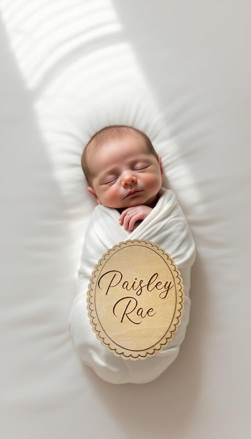 Personalized Engraved Scallop Edge Baby Name Sign, Birth Announcement Plaque, Baby Shower - Newborn Keepsake (Name Sign)
