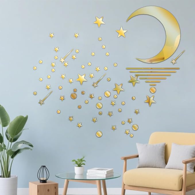 71 Pcs Gold Star Stickers, 3D Acrylic Moon Shooting Star Mirror Wall Stickers Decor, Removable Decals Art Self-Adhesive for Home Nursery Classroom Bedroom Interior Wallpaper Background Art Decor