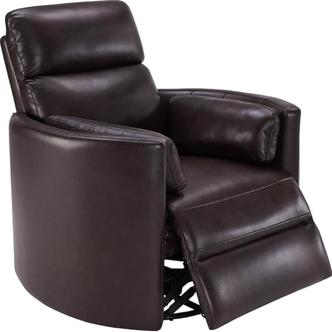 Pemberly Row Transitional Leather Power Cordless Swivel Glider Recliner in Brown with USB Charging Ports and 2 Comfort Pillows for Living Room
